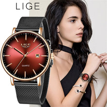 Load image into Gallery viewer, LIGE Women Watches Top Brand Luxury Ladies Mesh Belt Ultra-thin Watch Stainless Steel Waterproof Clock Quartz Watch Reloj Mujer