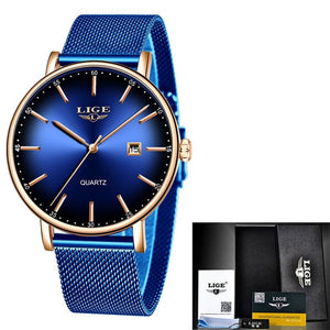 LIGE Women Watches Top Brand Luxury Ladies Mesh Belt Ultra-thin Watch Stainless Steel Waterproof Clock Quartz Watch Reloj Mujer