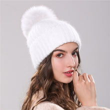 Load image into Gallery viewer, Xthree 70% Angola Rabbit fur knitted hat with real fur pom pom hat Skullie beanie winter hat for women  girl &#39;s hat female cap