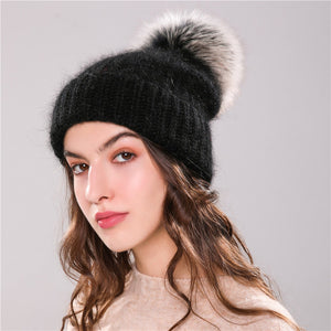 Xthree 70% Angola Rabbit fur knitted hat with real fur pom pom hat Skullie beanie winter hat for women  girl 's hat female cap