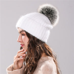 Xthree 70% Angola Rabbit fur knitted hat with real fur pom pom hat Skullie beanie winter hat for women  girl 's hat female cap