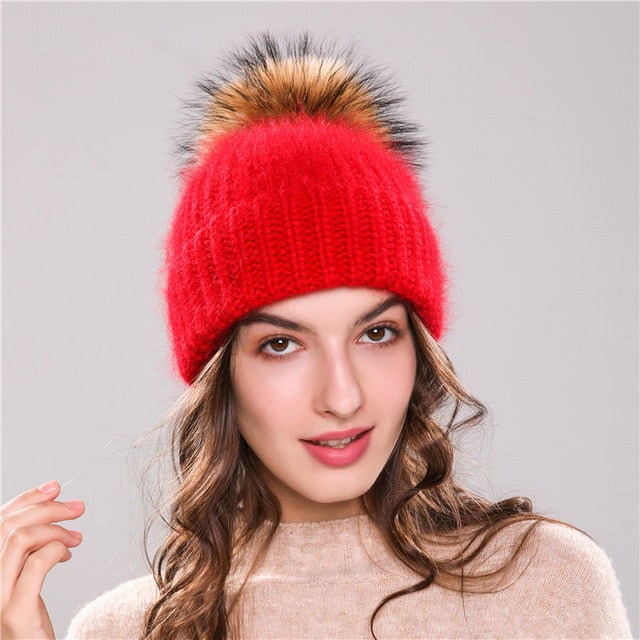 Xthree 70% Angola Rabbit fur knitted hat with real fur pom pom hat Skullie beanie winter hat for women  girl 's hat female cap