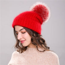 Load image into Gallery viewer, Xthree 70% Angola Rabbit fur knitted hat with real fur pom pom hat Skullie beanie winter hat for women  girl &#39;s hat female cap