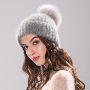 Xthree 70% Angola Rabbit fur knitted hat with real fur pom pom hat Skullie beanie winter hat for women  girl 's hat female cap