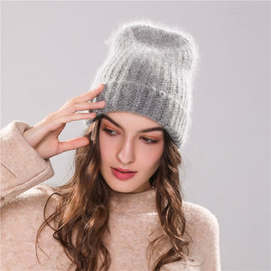 Xthree 70% Angola Rabbit fur knitted hat with real fur pom pom hat Skullie beanie winter hat for women  girl 's hat female cap
