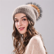 Load image into Gallery viewer, Xthree 70% Angola Rabbit fur knitted hat with real fur pom pom hat Skullie beanie winter hat for women  girl &#39;s hat female cap