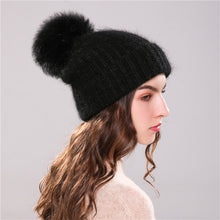 Load image into Gallery viewer, Xthree 70% Angola Rabbit fur knitted hat with real fur pom pom hat Skullie beanie winter hat for women  girl &#39;s hat female cap