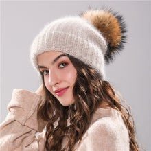 Load image into Gallery viewer, Xthree 70% Angola Rabbit fur knitted hat with real fur pom pom hat Skullie beanie winter hat for women  girl &#39;s hat female cap