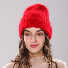 Load image into Gallery viewer, Xthree 70% Angola Rabbit fur knitted hat with real fur pom pom hat Skullie beanie winter hat for women  girl &#39;s hat female cap