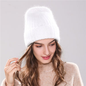 Xthree 70% Angola Rabbit fur knitted hat with real fur pom pom hat Skullie beanie winter hat for women  girl 's hat female cap