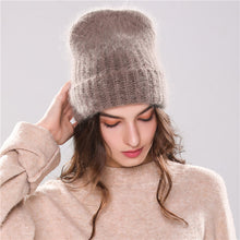 Load image into Gallery viewer, Xthree 70% Angola Rabbit fur knitted hat with real fur pom pom hat Skullie beanie winter hat for women  girl &#39;s hat female cap