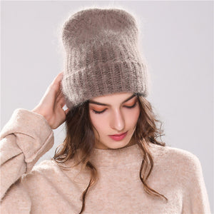 Xthree 70% Angola Rabbit fur knitted hat with real fur pom pom hat Skullie beanie winter hat for women  girl 's hat female cap