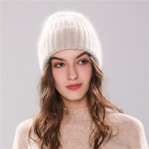 Xthree 70% Angola Rabbit fur knitted hat with real fur pom pom hat Skullie beanie winter hat for women  girl 's hat female cap