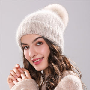 Xthree 70% Angola Rabbit fur knitted hat with real fur pom pom hat Skullie beanie winter hat for women  girl 's hat female cap