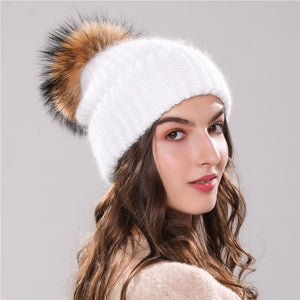 Xthree 70% Angola Rabbit fur knitted hat with real fur pom pom hat Skullie beanie winter hat for women  girl 's hat female cap