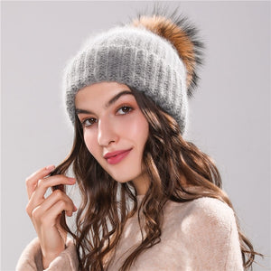 Xthree 70% Angola Rabbit fur knitted hat with real fur pom pom hat Skullie beanie winter hat for women  girl 's hat female cap