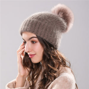 Xthree 70% Angola Rabbit fur knitted hat with real fur pom pom hat Skullie beanie winter hat for women  girl 's hat female cap