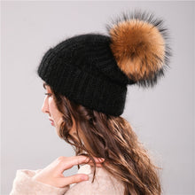 Load image into Gallery viewer, Xthree 70% Angola Rabbit fur knitted hat with real fur pom pom hat Skullie beanie winter hat for women  girl &#39;s hat female cap