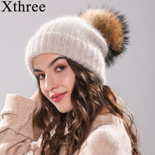 Load image into Gallery viewer, Xthree 70% Angola Rabbit fur knitted hat with real fur pom pom hat Skullie beanie winter hat for women  girl &#39;s hat female cap