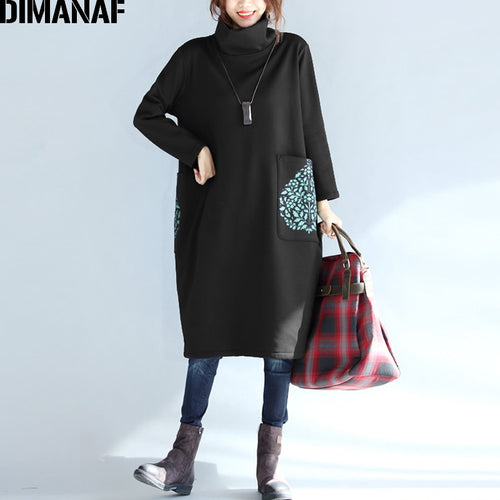 DIMANAF Plus Size Women Dress Winter Turtleneck Cotton Thick Lady Vestidos Female Clothes Loose Big Size Long Sleeve Dress Black