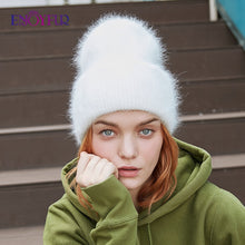Load image into Gallery viewer, ENJOYFUR Winter hats for women warm long rabbit fur hair female caps fashion solid colors wide cuff young style beanies
