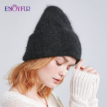Load image into Gallery viewer, ENJOYFUR Winter hats for women warm long rabbit fur hair female caps fashion solid colors wide cuff young style beanies