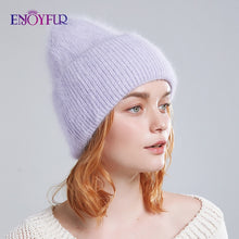 Load image into Gallery viewer, ENJOYFUR Winter hats for women warm long rabbit fur hair female caps fashion solid colors wide cuff young style beanies