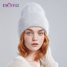 Load image into Gallery viewer, ENJOYFUR Winter hats for women warm long rabbit fur hair female caps fashion solid colors wide cuff young style beanies