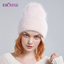 Load image into Gallery viewer, ENJOYFUR Winter hats for women warm long rabbit fur hair female caps fashion solid colors wide cuff young style beanies