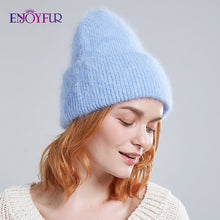 Load image into Gallery viewer, ENJOYFUR Winter hats for women warm long rabbit fur hair female caps fashion solid colors wide cuff young style beanies