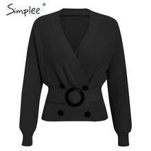 Load image into Gallery viewer, Simplee Elegant v-neck button sash women cardigan sweater Autumn winter female cardigan coat Casual ladies outwear jumper coat
