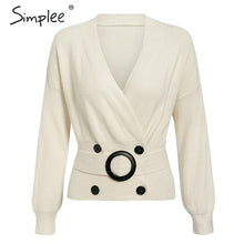 Load image into Gallery viewer, Simplee Elegant v-neck button sash women cardigan sweater Autumn winter female cardigan coat Casual ladies outwear jumper coat