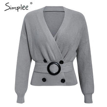 Load image into Gallery viewer, Simplee Elegant v-neck button sash women cardigan sweater Autumn winter female cardigan coat Casual ladies outwear jumper coat