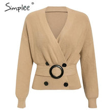 Load image into Gallery viewer, Simplee Elegant v-neck button sash women cardigan sweater Autumn winter female cardigan coat Casual ladies outwear jumper coat