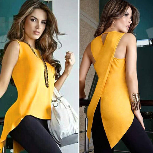 Sleeveless Women's Summer Blouse Casual Slim Slit Irregular Plus Size Shirt Tops Solid 3XL Chiffon O Neck Ladies Blouses Mujer