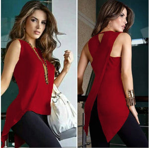 Sleeveless Women's Summer Blouse Casual Slim Slit Irregular Plus Size Shirt Tops Solid 3XL Chiffon O Neck Ladies Blouses Mujer