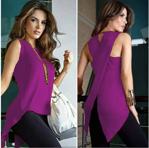 Sleeveless Women's Summer Blouse Casual Slim Slit Irregular Plus Size Shirt Tops Solid 3XL Chiffon O Neck Ladies Blouses Mujer