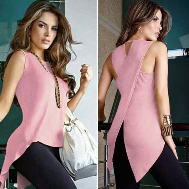 Sleeveless Women's Summer Blouse Casual Slim Slit Irregular Plus Size Shirt Tops Solid 3XL Chiffon O Neck Ladies Blouses Mujer