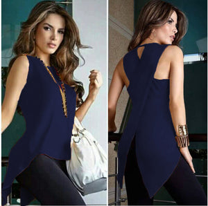 Sleeveless Women's Summer Blouse Casual Slim Slit Irregular Plus Size Shirt Tops Solid 3XL Chiffon O Neck Ladies Blouses Mujer