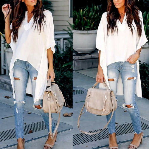 Elegant Irregular V-Neck Chiffon Shirt Hot 2019 Women Summer Blouses soft Tunic Casual Solid breathable Half Batwing Sleeve Tops
