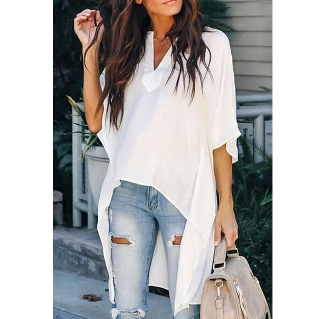Elegant Irregular V-Neck Chiffon Shirt Hot 2019 Women Summer Blouses soft Tunic Casual Solid breathable Half Batwing Sleeve Tops