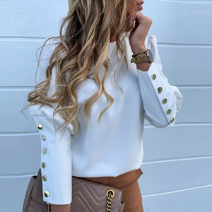 2019 Work Wear Women Blouses Long Sleeve Back Metal Buttons Shirt Casual O Neck Printed Plus Size Tops Fall Blouse Drop Shipping