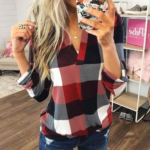 Womens Tops and Blouses Plus Size Autumn Women's Plaid Blouse Shirts Sexy V Neck female blouses  Lady Business Blouse Tops J26