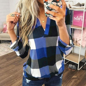 Womens Tops and Blouses Plus Size Autumn Women's Plaid Blouse Shirts Sexy V Neck female blouses  Lady Business Blouse Tops J26