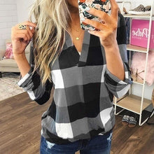 Load image into Gallery viewer, Womens Tops and Blouses Plus Size Autumn Women&#39;s Plaid Blouse Shirts Sexy V Neck female blouses  Lady Business Blouse Tops J26