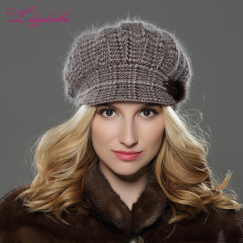LILIYABAIHE NEW Style Women Winter  hat brim hat  knitted wool angora hat Geometric mink flower decoration cap Double warm hat