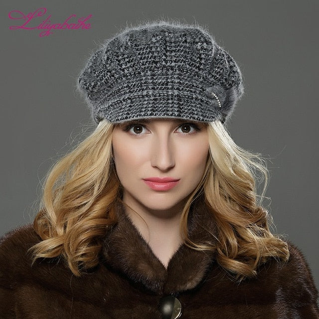 LILIYABAIHE NEW Style Women Winter  hat brim hat  knitted wool angora hat Geometric mink flower decoration cap Double warm hat