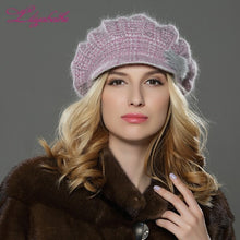 Load image into Gallery viewer, LILIYABAIHE NEW Style Women Winter  hat brim hat  knitted wool angora hat Geometric mink flower decoration cap Double warm hat