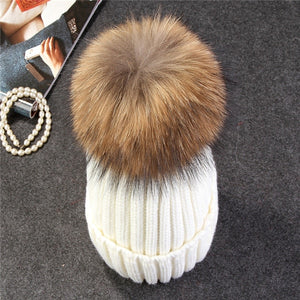 Xthree mink and fox fur ball cap pom poms winter hat for women girl 's hat knitted  beanies cap brand new thick female cap