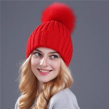 Load image into Gallery viewer, Xthree mink and fox fur ball cap pom poms winter hat for women girl &#39;s hat knitted  beanies cap brand new thick female cap